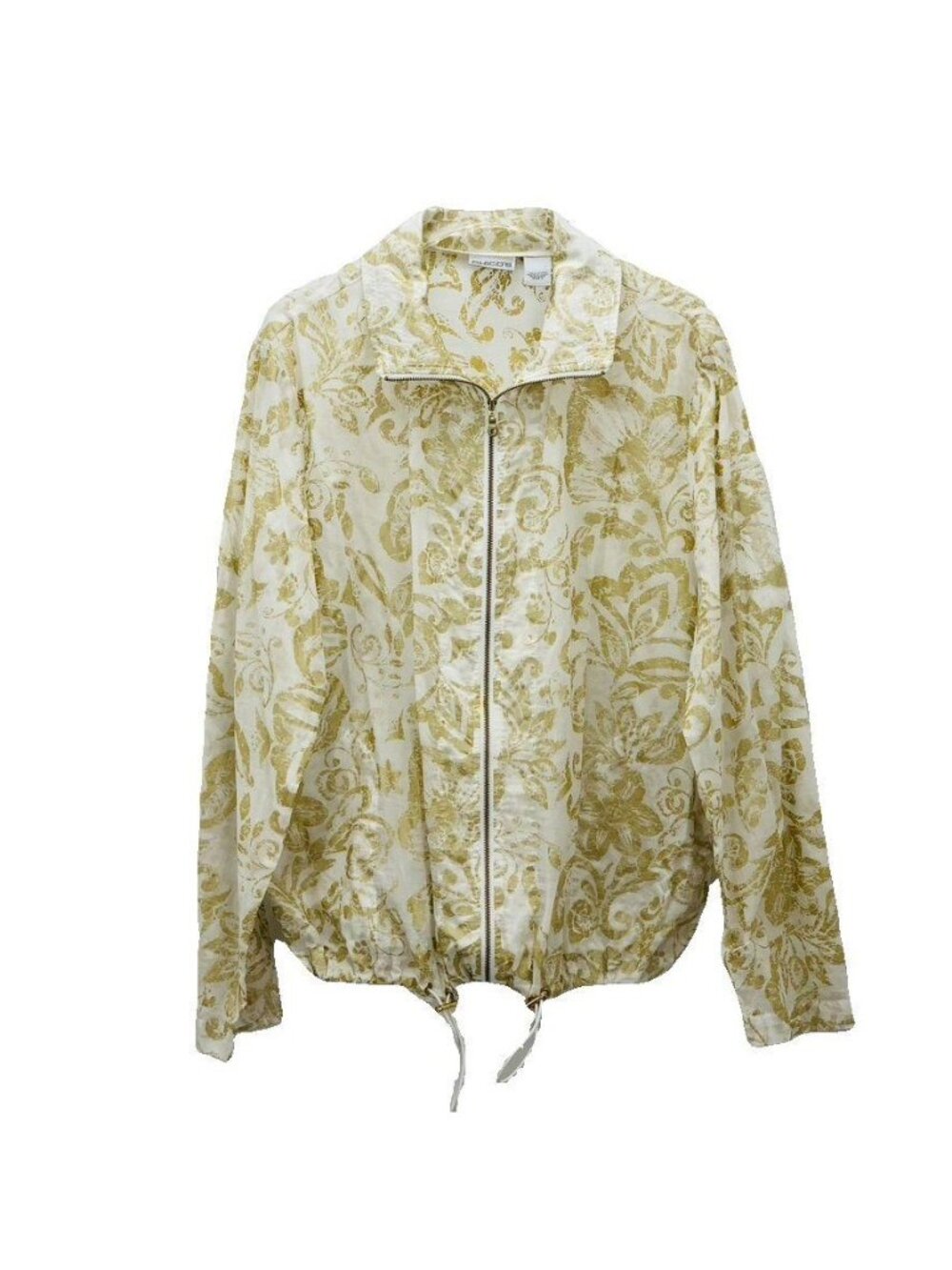 Chicos Womens Bomber Jacket Size 2 Zippered Lightweight Gold Floral Print